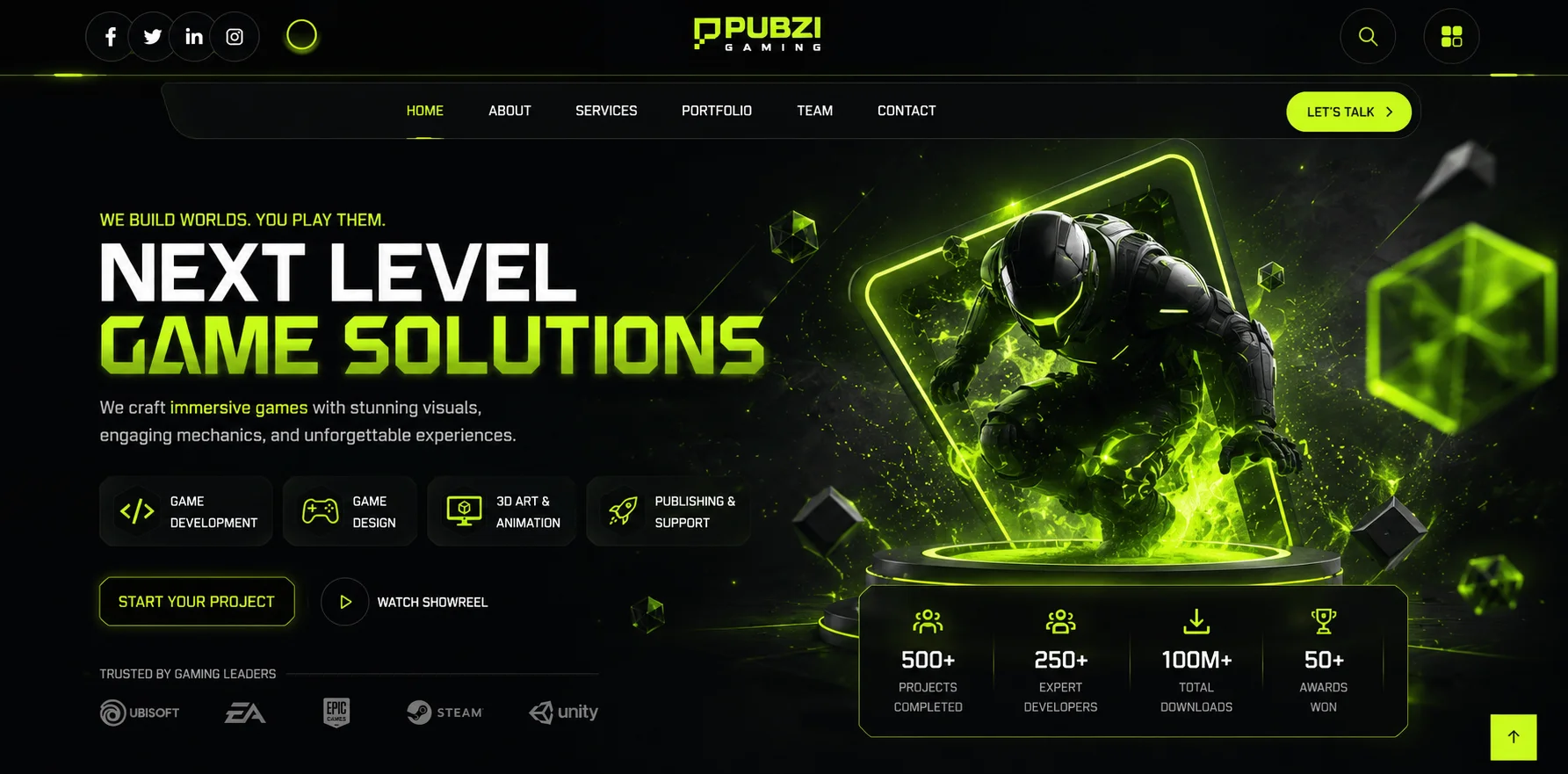 Custom website developed by Incorelab for Pubzi Gaming, featuring a high-performance, cinematic design for next-level game solutions.